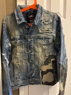Jordan Craig Distressed Blue Denim Jacket with Camo Patch